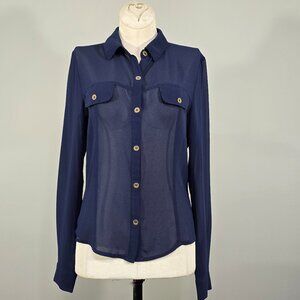Forever 21 Womens Small Navy Blue Sheer Gold Button Up Blouse Long Sleeve